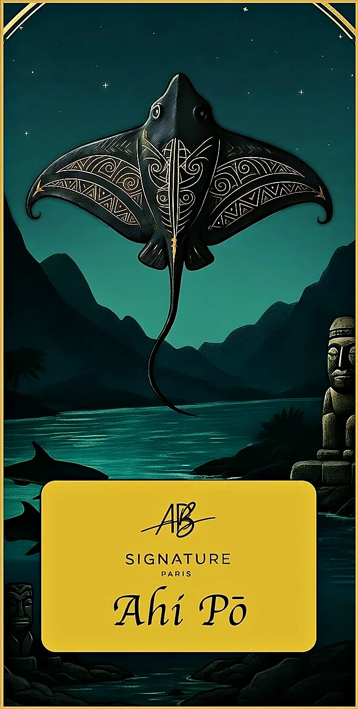 Ahi Pō — extrait de parfum AB Signature Paris, flacon gravé de Moorea, Polynésie