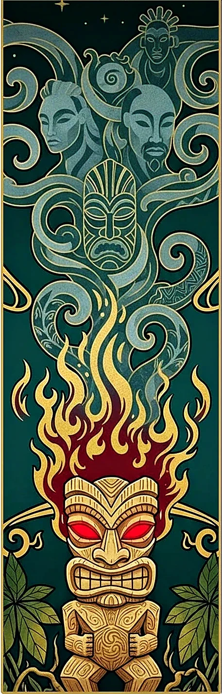 Ahi Pō — profil droit, tiki de feu et esprits polynésiens